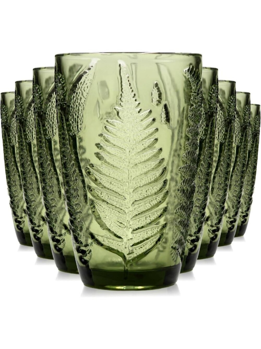 Vintage Green Drinking Glasses Set of 8 | 12 oz Fern Design Glass Cups